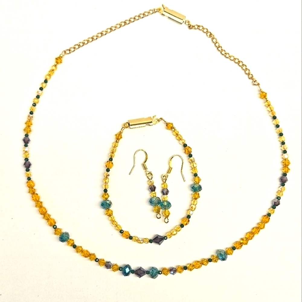 Dainty Sparkling Yellow and Teal Beaded Set